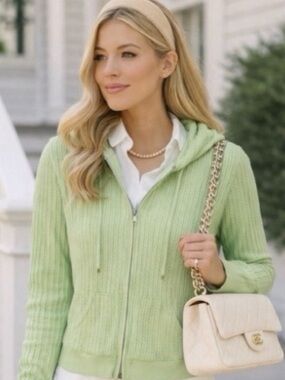 Lauren Ralph Lauren Lime Green Cable Knit Zip-Up Hooded Cardigan Sweater size XL